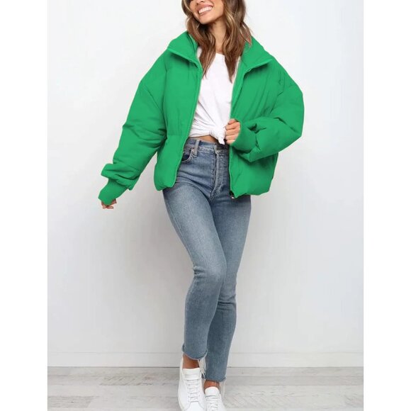 Women's Puffer Jacket Oversized Cropped Puffy Quilted Jackets Coat Emerald - Picture 2 of 5